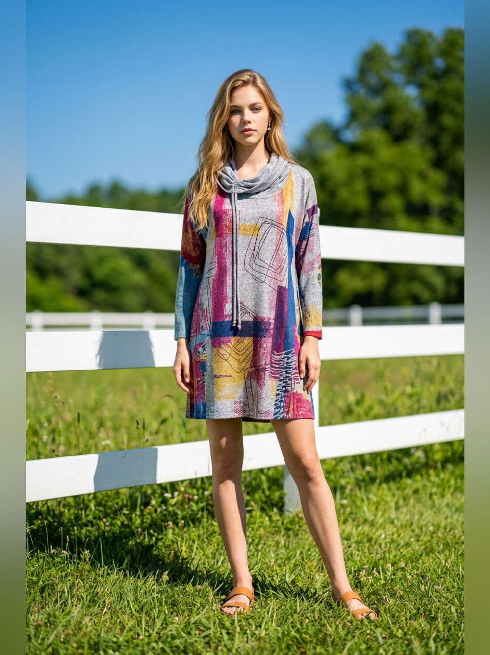 Et’Lois Colorful Abstract Print Cowl Neck Tunic. Size Small. USA Made